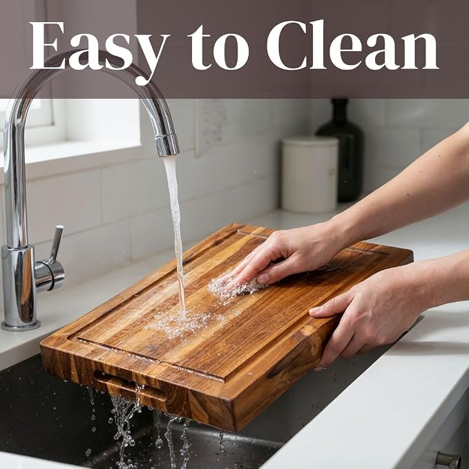 Premium Teak Wood Cutting Board 14×10 Inch, Extra Thick 1.5 Inch Edge Grain Butcher Block for Meat & Daily Prep, Large Wooden Cutting Board with Juice Groove & Handle Grips by New M Way