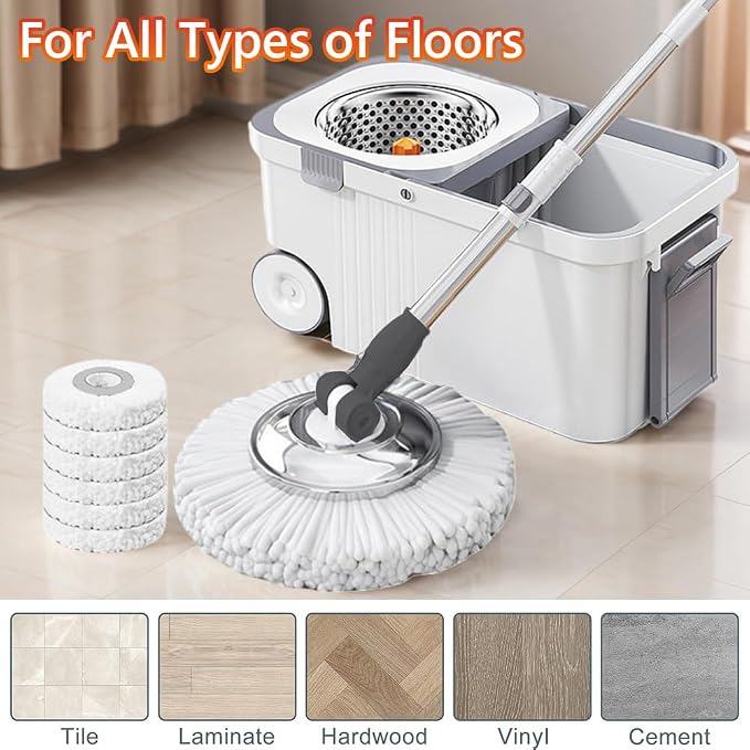 360 Spinning Floor Cleaning System with 6 Replacement Head Refills Extended Handle Hand-Free Automatic Dehydration Mop Cleaning with Bucket for Household Floor Cleaning (White Blue)