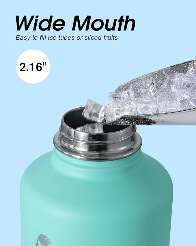 Insulated Water Bottle 64 oz with Straw & 3 Lids, Coolflask Half Gallon Water Jug Large Metal Stainless Steel Wide Mouth for Sports, Gym or Office, Non-BPA Keep Cold 48H Hot 24H, Pacific Prince