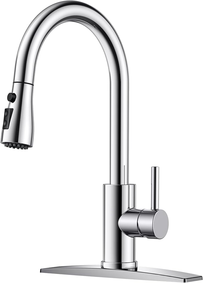 FORIOUS Kitchen Faucet with Pull Down Sprayer, Chrome, Bar High Arc Single Handle Traditional 3 Modes Stainless Steel Faucet for Kitchen Sink Farmhouse RV Laundry Camper