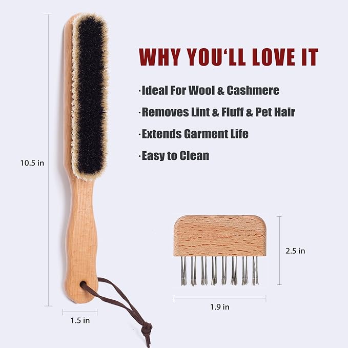 Lint Brushes for Clothes, 100% Natural Boar Bristle Clothes Brush for Cashmere & Wool, Cashmere Comb & Sweater Comb, Removes Fibres & Pet Hair, with Hanging Hole & Straps, Includes Cleaning Comb