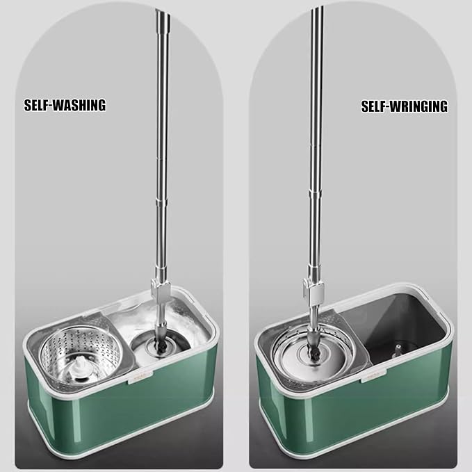 Stainless Steel Spin Mop Bucket Set with 5 Microfiber Mop Heads (Green) | 360° rotating mop head, adjustable handle, rolling wheels, cleans tile, hardwood & laminate floors