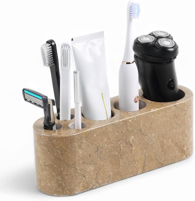 Toothbrush Holder for Bathrooms, 6 Slots Marble Toothbrush and Toothpaste Holder Stand Bathroom Organizer Countertop for Electric Toothbrush, Floss, Razor, Comb-Chestnut Brown