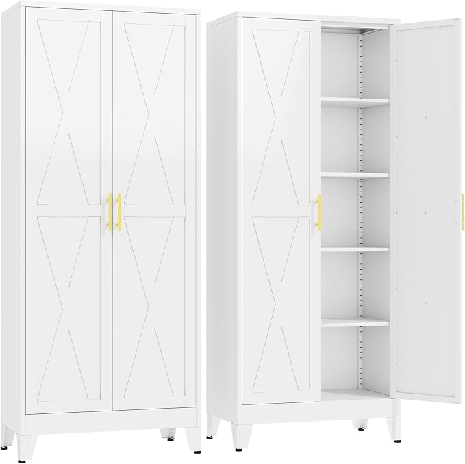 GAIOUS 71" Tall Kitchen Pantry Cabinet,Metal Storage Cabinet White Cupboard | Steel Office Cabinet, Freestanding Bookcase with 2 Doors and 4 Adjustable Shelves, Bathroom Kitchen Home Garage Tool Cabinet