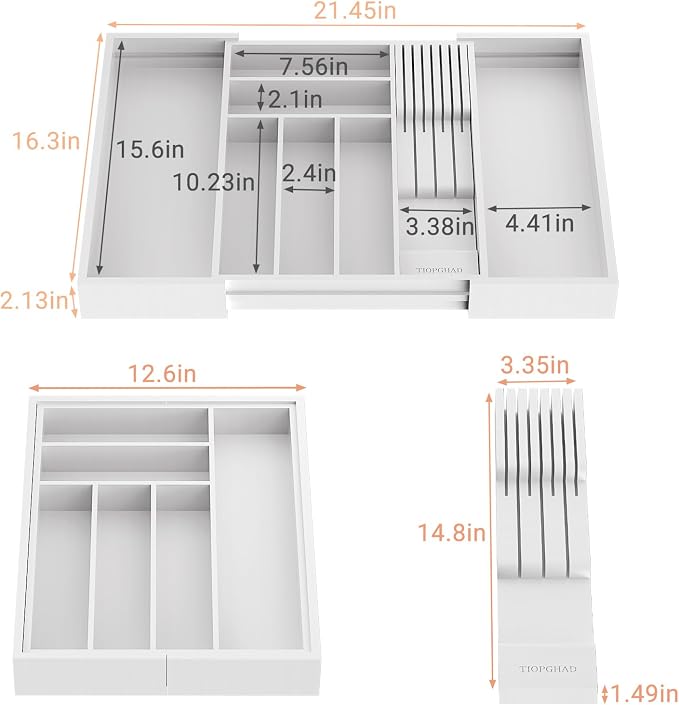 TIOPGHAD Bamboo-Silverware-Drawer-Organizer-Kitchen, Expandable Utensil Holder Cutlery Tray Flatware Organization Adjustable Wood Tableware Dividers Storage (with Removable Knife Block)(White)