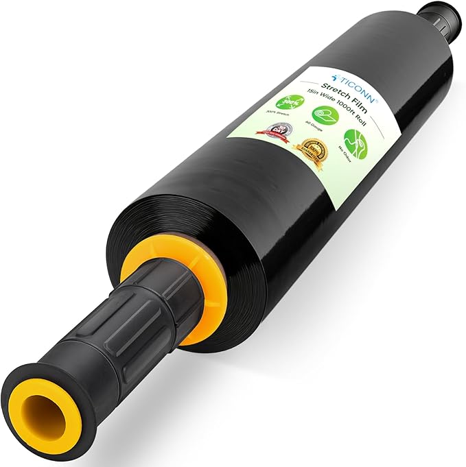 TICONN 1Pk Stretch Wrap Stretch Film Roll, 1000ft Industrial Strength 15 inch Wide Black Plastic Wrap with Handles for Pallet Wrapping Shipping Moving