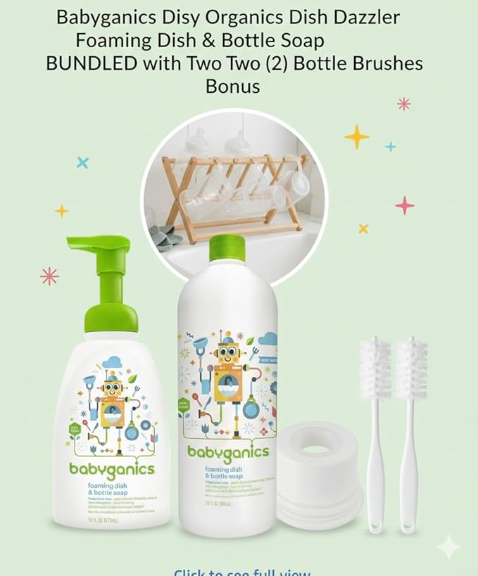 Baby ganics 16 Ounce Dish Dazzler Foaming Dish and Bottle Soap with Refill Kit BUNDLED with Two (2) Bottle Brushes BONUS