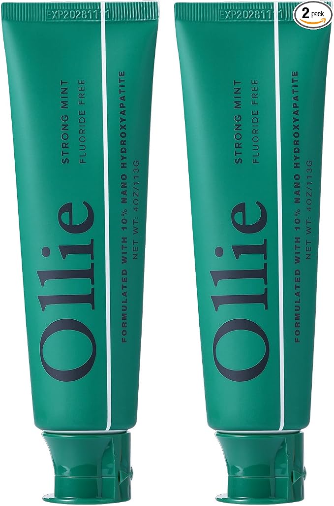Ollie Fluoride Free 10% Nano Hydroxyapatite Toothpaste, Strong Mint, 4oz | Rod-Shaped Nano HAP, Remineralizes Enamel, Reduces Sensitivity, Reverses Small Cavities, Naturally Whitens Teeth, (Pack of 2)