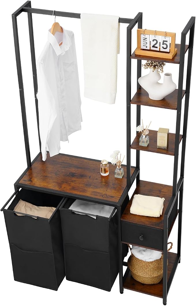 VEVOR 3 Tiers Laundry Sorter with Rack, Tall Laundry Hamper with Shelves and Drawers, 2 Section Freestanding Hanging Rack Storage with 600D Oxford Cloth Bags and Ladder Shelves for Dirty Clothes