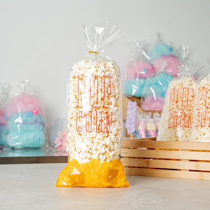 Restaurantware-Bag Tek 17 x 7 Inch Popcorn Bags, 100 Greaseproof Popcorn Favor - Hot & Cold Friendly, Freezable, Clear PE Plastic Carnival, For Event Favors Or Goodie Bags