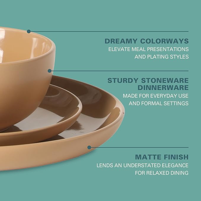 Gibson Home Rockaway 12-Piece Round Stoneware Dinnerware Set, Service for 4 – Beige Plates and Bowls, Modern Matte Finish, Microwave & Dishwasher Safe
