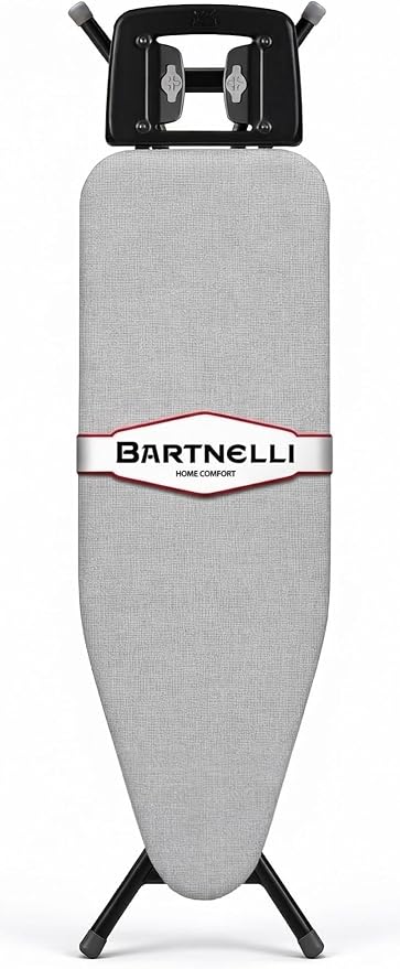Bartnelli Extreme Stability Ironing Board 43x13 Upgraded Heavy-Duty Metal Frame & Iron Rest, Height Adjustable, Foldable, 4 Non-Skid Feet, 100% Cotton Cover, Made with Patent European Engineering
