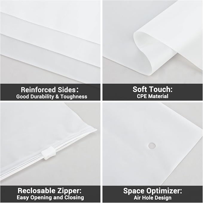Clothing Bags, 100 Count 16x20 inch Extra Large Frosted Zipper Plastic Bags for Clothes, Sweater Dress, Jeans, Jacket, T Shirt Packaging Shipping, 3 Mil, with Vent Holes