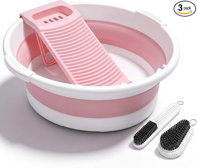 Lounsweer Large Collapsible Washboard Basin for Hand Washing Clothes with 2 Cleaning Brushes Portable Folding Laundry Tub with Non-Slip Washtub for Home Travel Camping (Pink)