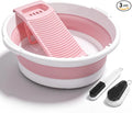 Lounsweer Large Collapsible Washboard Basin for Hand Washing Clothes with 2 Cleaning Brushes Portable Folding Laundry Tub with Non-Slip Washtub for Home Travel Camping (Pink)