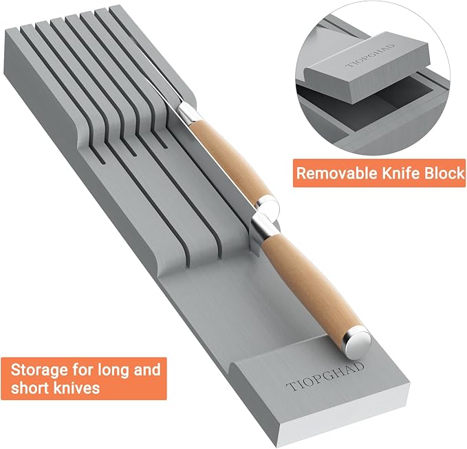 TIOPGHAD Bamboo-Silverware-Drawer-Organizer-Kitchen, Expandable Utensil Holder Cutlery Tray Flatware Organization Adjustable Wood Tableware Dividers Storage (with Removable Knife Block)(Grey)
