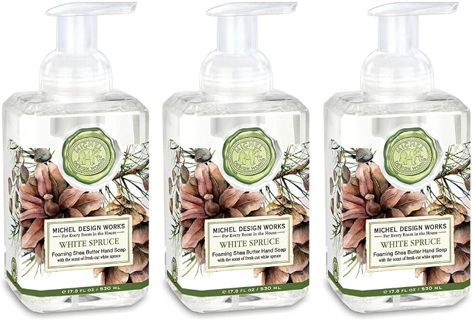 Michel Design Works Foaming Hand Soap 17.8oz (Pack of 3) White Spruce Scent and Design, Shea Butter and Aloe Vera Blend, Beautiful Square Container with Pump