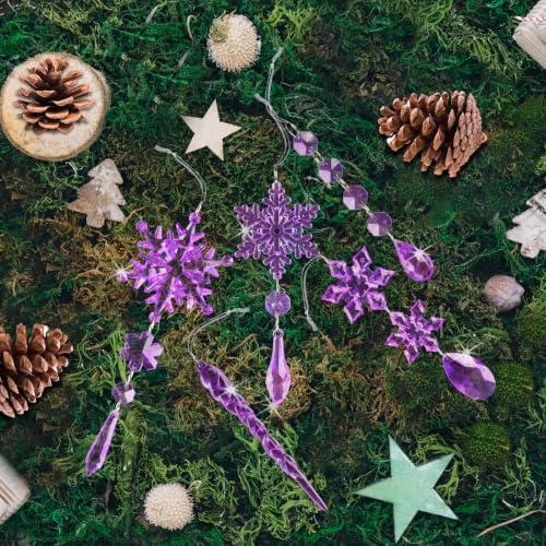 18pcs Crystal Christmas Ornaments for Christmas Tree Decorations-Purple Hanging Acrylic Snowflake and Icicle Ornaments with Drop Pendants for New Year Party Decorations Supplies