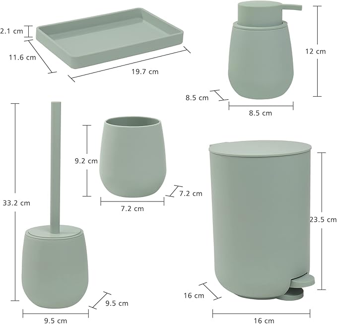 GAHEFY Sage Green Bathroom Accessories Set with Small Trash Can 3 Liter/0.8 Gallon,Toothbrush Holder,Soap Dispenser,Vanity Tray,Toilet Brush and Holder Green 5PCS