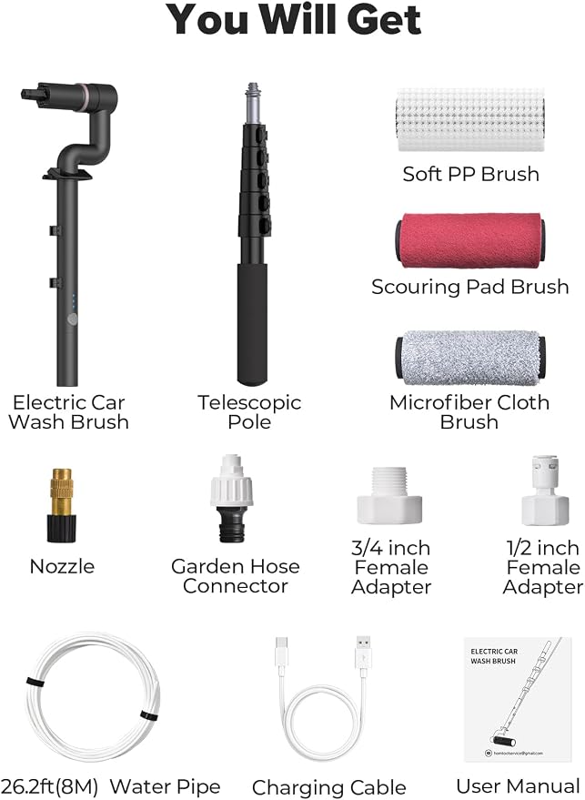 79'' Electric Car Wash Brush with Long Handle, Car Cleaning Brush for Cleaning RV with Water-Fed Pole, Scratch-Free Soft Bristles Car Wash Mop Kit, Complete Car Cleaning Kit for Car Truck RV Boat