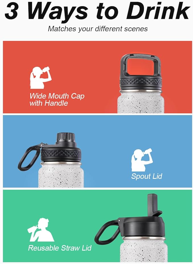 Coolflask Water Bottle 20 oz Insulated with Straw, Stainless Steel Metal 3 Lids Water Flask Wide Mouth for Sports or Office, Non-BPA Keep Cold Up to 48 Hrs or Hot Up to 24 Hrs, Arctic White