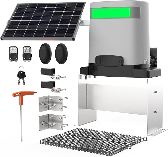 Blütezeit 1400lb Solar Sliding Gate Opener, Automatic Chain Drive Gate Motor with WiFi Control | Backup Battery | IR Sensor & 2 Remotes for Driveway Gates (Solar Panel Included)