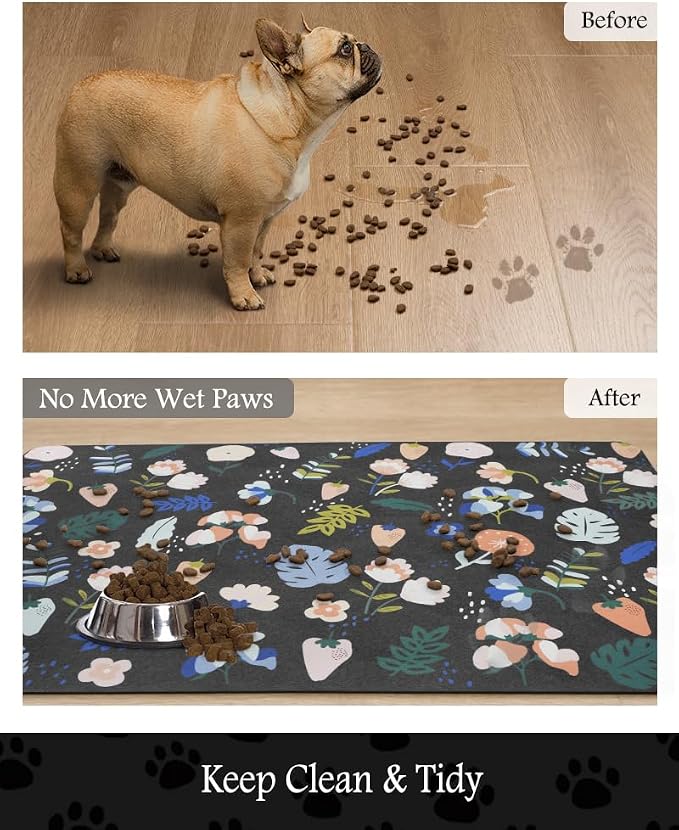 Pet Feeding Mat-Absorbent Dog Mat for Food and Water Bowl-No Stains Quick Dry Water Dispenser Mat-Dog Accessories Pet Supplies-Bowl for Messy Drinkers（DARKFLOWERS,16"x24"
