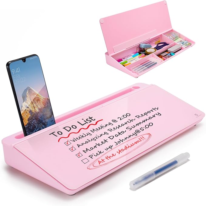 TSJ OFFICE Desktop Whiteboard Dry-Erase-Board - Computer Keyboard Stand White Board Surface Pad with Drawer, Desk Organizers with Accessories for Office, Home, School Supplies - Complete Pink