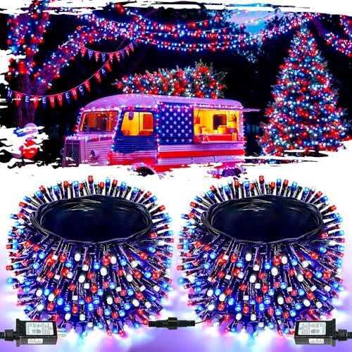 OZS Connectable 2Pack 164Ft 400LED 4th of July String Lights,Red White Blue