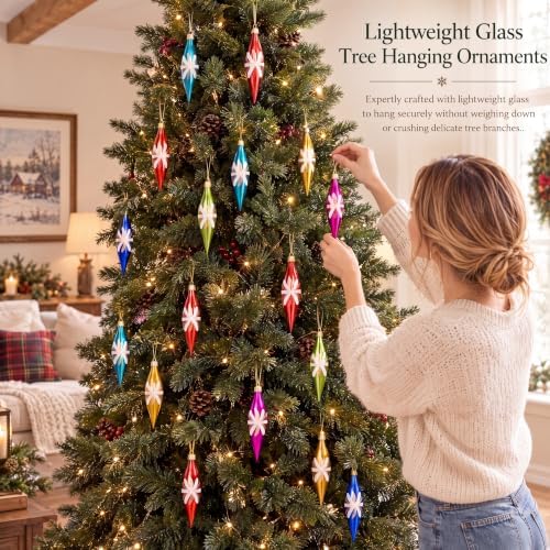 Soaoo 12 Pack Vintage Glass Icicle Christmas Ornaments, Multicolored