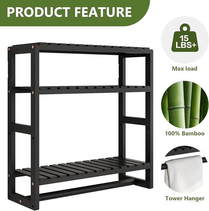 Galood Over The Toilet Storage Bathroom Shelves Wall Mounted 3 Tier Space Saver Corner Shelf Organizer Bamboo Towel Rack Toilet Paper Cabinet with Hanging Rod Black Sets