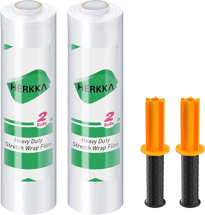 Stretch Film, HERKKA Stretch Wrap with Handles Industrial Strength, Moving Wrapping Plastic Roll, Shrink Wrap for Pallet Wrap, 15" x 1000 Feet, 2 Pack, 60 Gauge