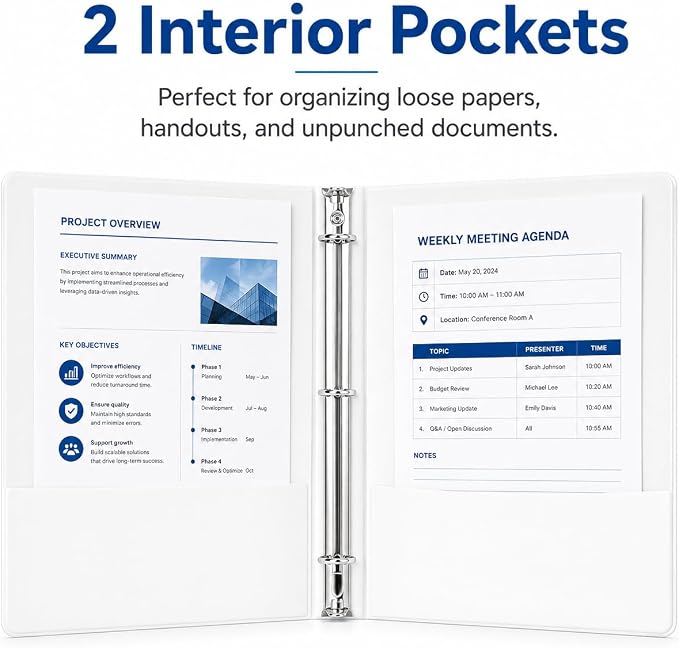 Durable 1 inch 3-Ring Binder, 1" Round Ring Binders with 2 Inside Pockets, Basic 1 in Binders, PVC- Free, Clear View Cover 1-inch-Binder Holds 8.5'' x 11''Paper for Office/School/Home（12 Pack, White