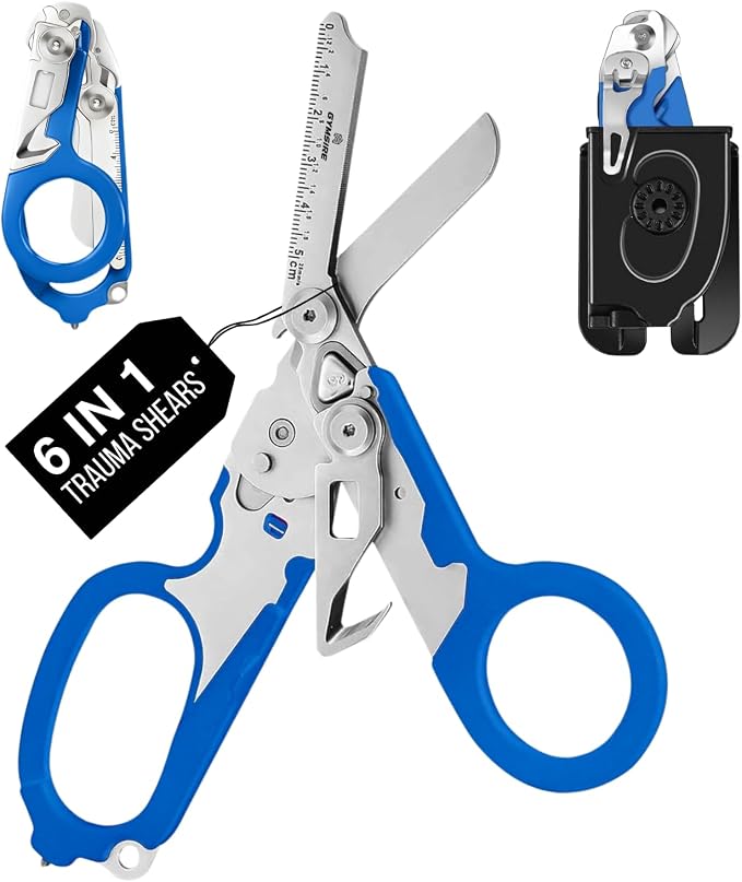 Heavy Duty 6 in 1 Multifunctional Trauma Shears Foldable | Stainless Steel emergency response scissors | Survival Shears with Holster | Medical Trauma shears Tactical With Strap Cutter | Blue
