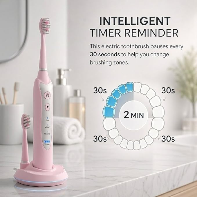 Sonic Electric Toothbrush for Adults, Rechargeable Power Toothbrush with 5 Replacement Heads, Travel Case, 3 Modes, 2 Minute Timer, IPX7 Waterproof Cordless Electric Toothbrush | Pink