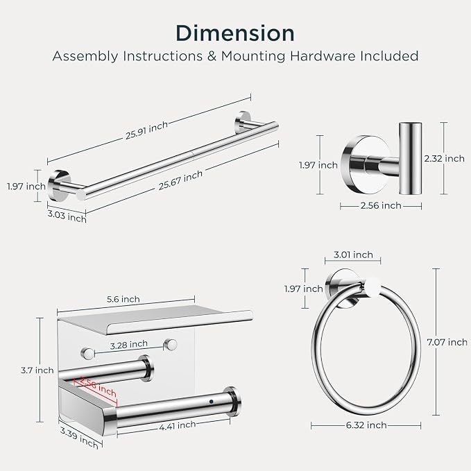 FORIOUS Bathroom Hardware Accessories Set, SUS304 Stainless Steel 24 Inch Towel Bar Set Wall Mounted, Modern Toilet Paper Holder with Shelf for Bathroom, 5 Pieces, Chrome