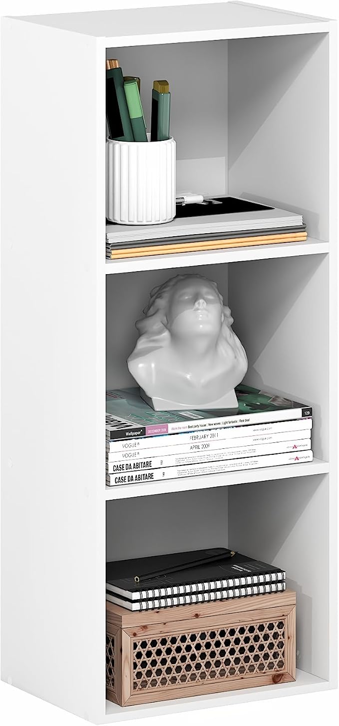 Furinno LUDER Book Shelf, 3-Cube Bookshelf, Bookcase with Open Shelves, 9.3 x 12 x 31.5, Easy Assembly, for Living Room, Bedroom, Home Office, White