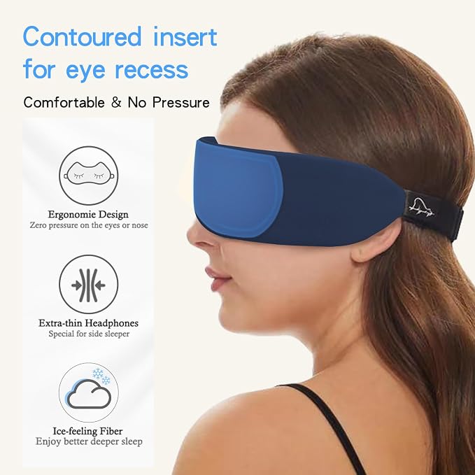 ALASKA BEAR Bluetooth Eye Mask and Sleep Headphone w/Thin Speakers, Comfortable Flat Earphones for Sound Therapy (Navy)