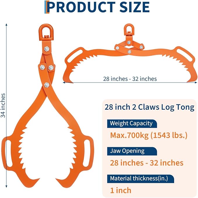 Garvee Log Lifting Tongs 28 in,2 Serrated Claw Hook Log Tongs,1543Lbs Capacity Heavy Duty Timber Claw Hook, Logging Tools for Tractors, Trucks, Forklifts, ATV Logging, Lumber Handling