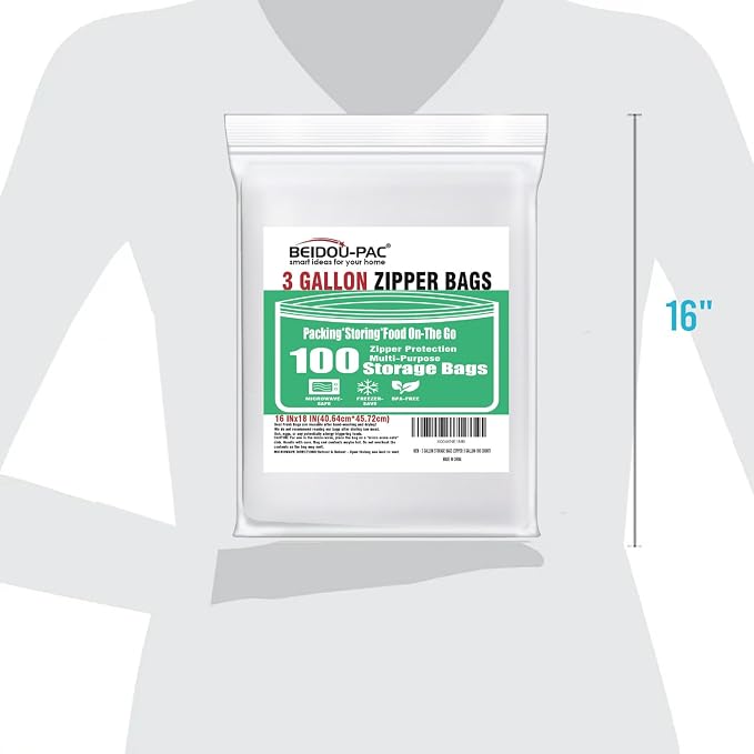 BEIDOU-PAC 3 Gallon Large Plastic Bags with Zipper Top, | 100 Count | 2 Mil | 16" x 18" | Heavy-Duty Reusable Clear Freezer Storage Bags