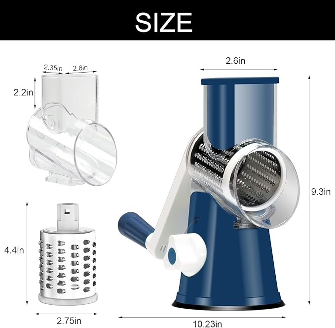 Cambom Rotary Cheese Grater Hand Crank Cheese Shredder for Fresh Cheese, Vegetable, Nuts,Non-slip Suction Base，Three Blades,Dark Blue