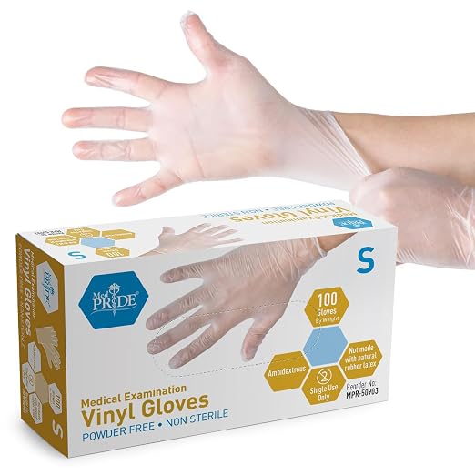 MED PRIDE Vinyl Medical Exam Gloves,Powder & Latex-Free, Small, 100-Ct