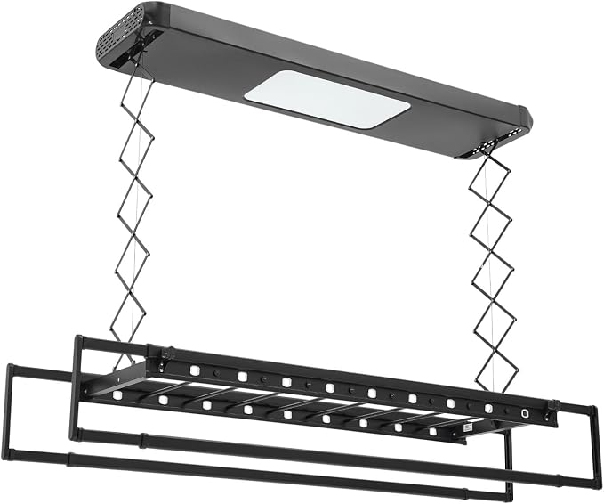 Electric Clothes Airing Rack,Adjustable Ceiling Mounted Smart Control Clothes Airing Rack w/ LED Lighting & 2 Retractable Rods,Vertical Laundry Clothesline w/ 8 Horizontal Rods for Balcony (Black)