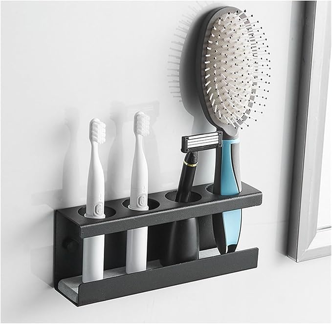 Toothbrush Rack Aluminum Toothbrush Holder Wall-Mounted Gun Gray Toothpaste Holder 4-Slot Storage Rack Easy to Install Without Drilling Bathroom Toothbrush Holder(S20cm)