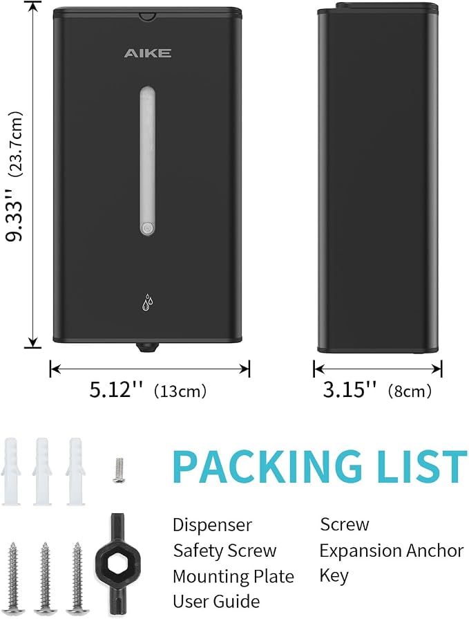 AIKE Heavy Duty Automatic Soap Dispenser,33.8oz for Bathroom,Matteblack | 5-Level and Savety Key for Commercial(4*AA Batteries Not Included),Screw Wall Mount for Space-Saving,Stainless Steel AK1207