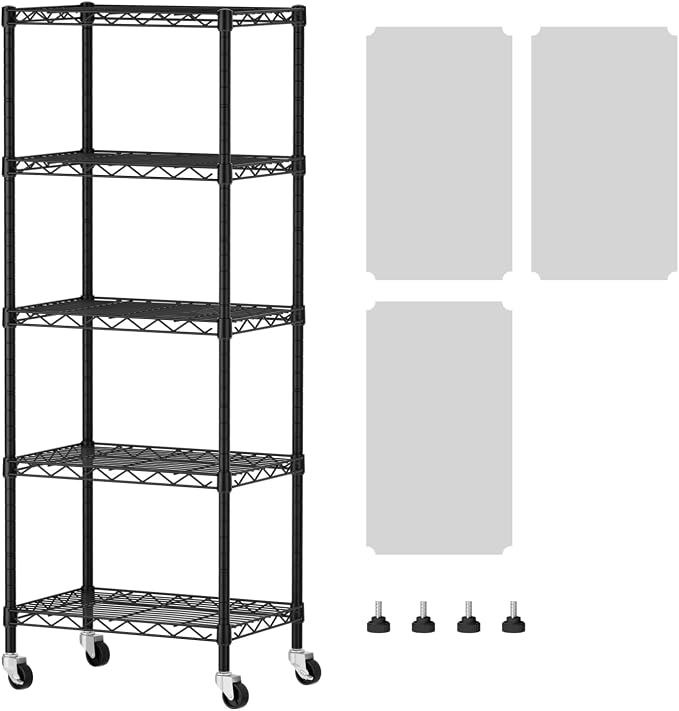 SINGAYE 5 Shelves Storage Shelf Wire Shelving Unit Metal Adjustable Wheels | Small Shelf Storage with Wheels Organizers Closet Unit for Bathroom Laundry Room Kitchen Pantry11.5D x 17.5W x 57H Black