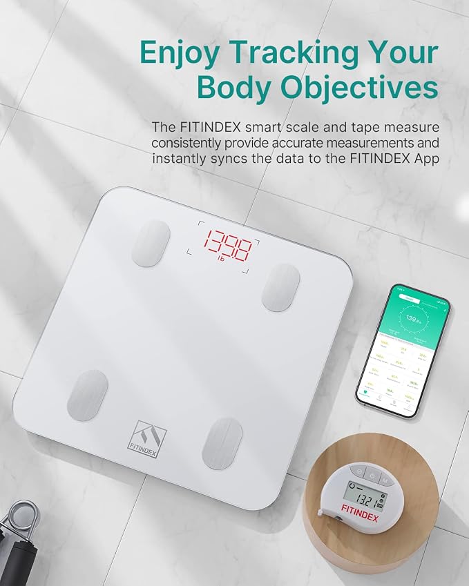 FITINDEX Smart Scale and Tape Measure, Digital Bathroom Scale & Body Tape Measure Sync with APP, Bluetooth Weighing Machine, Body Composition Analyzer, for Health Care