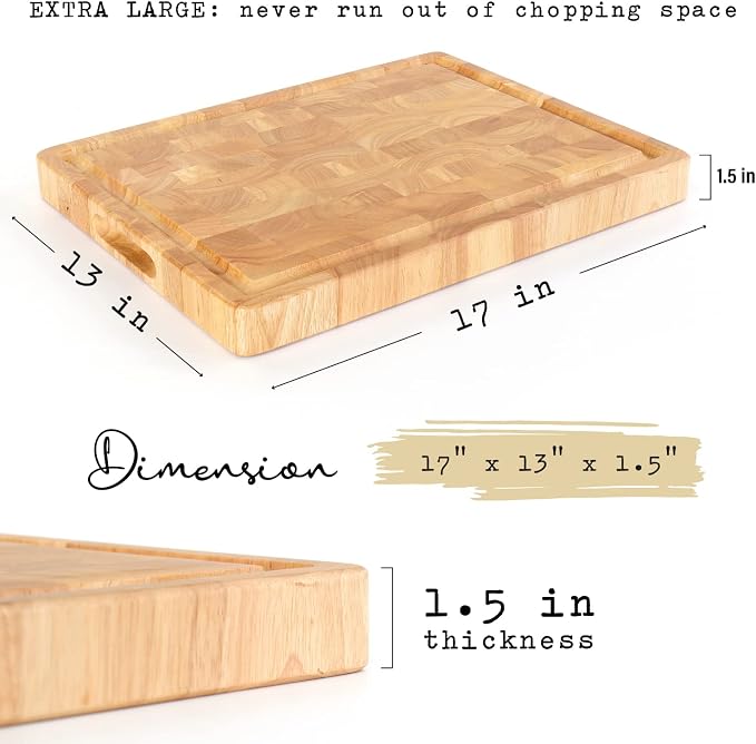 End Grain Cutting Board, Extra Large & Thick, End Grain Built-In Compartment and Juice Canal, Heavy Duty Chopping Board, Thick Carving Board for Bread Fruits Meat (17x13 Inches)