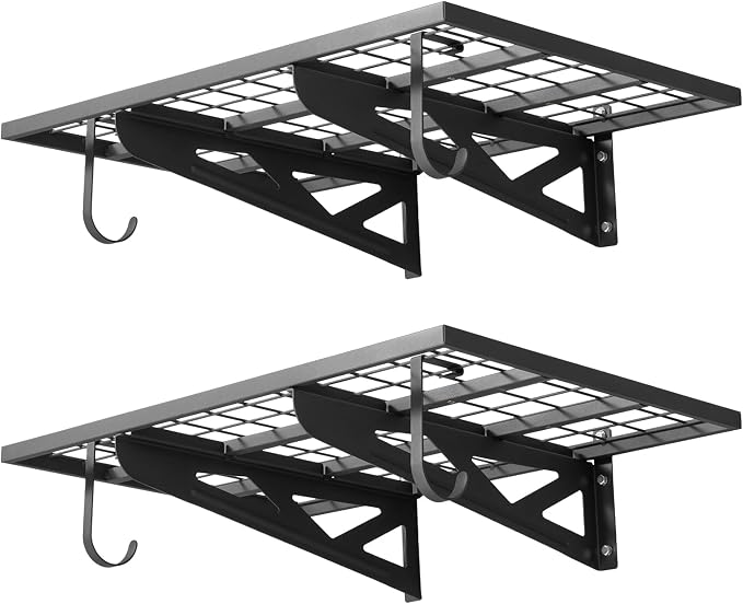 VEVOR 2-Pack Heavy Duty Garage Wall Shelving, 2 x 3 ft Steel Wall Mounted Shelving Unit with Hooks, 24 x 36 Inch Per Shelf Floating Storage Metal Rack for Garage, 500 lbs Total Weight Capacity