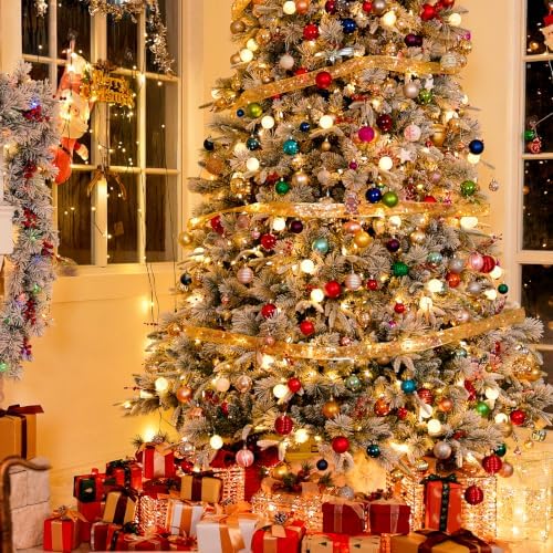 Hykolity 12 ft Prelit Snow Flocked Christmas Tree, 850 Color Changing LED Lights, Artificial Christmas Pine Tree with Red Berries, 4640 PE&PVC Branch Tips, Metal Stand and Hinged Branches, 10 Modes